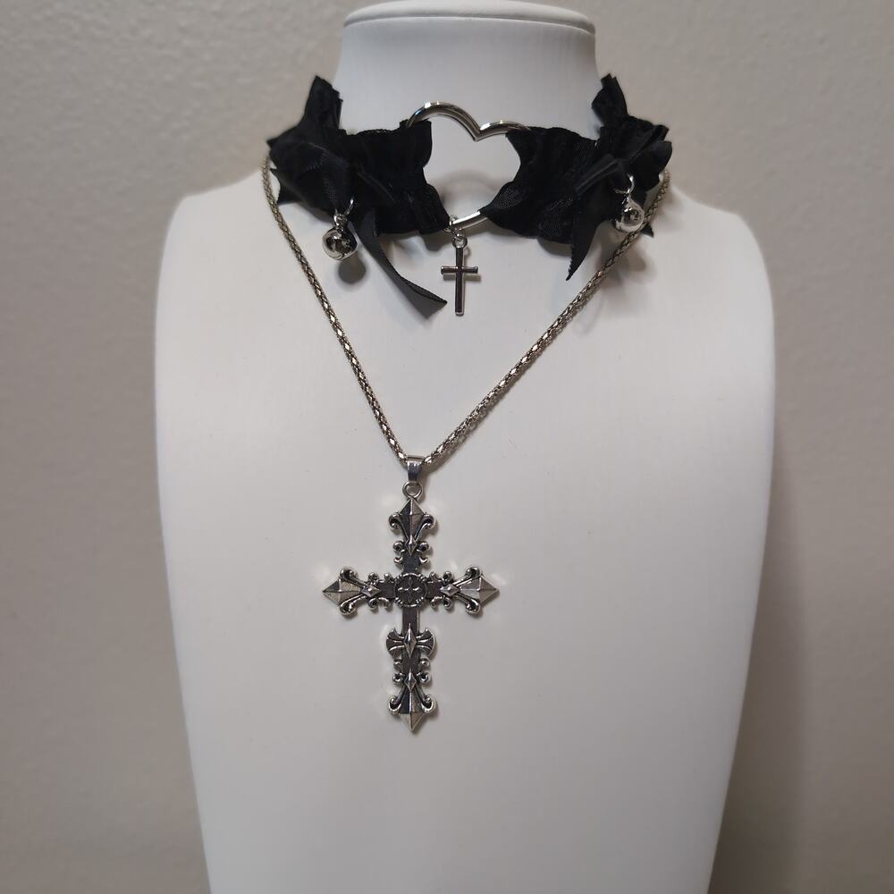 Gothic Cross Necklace and Ruffled Heart Choker Set